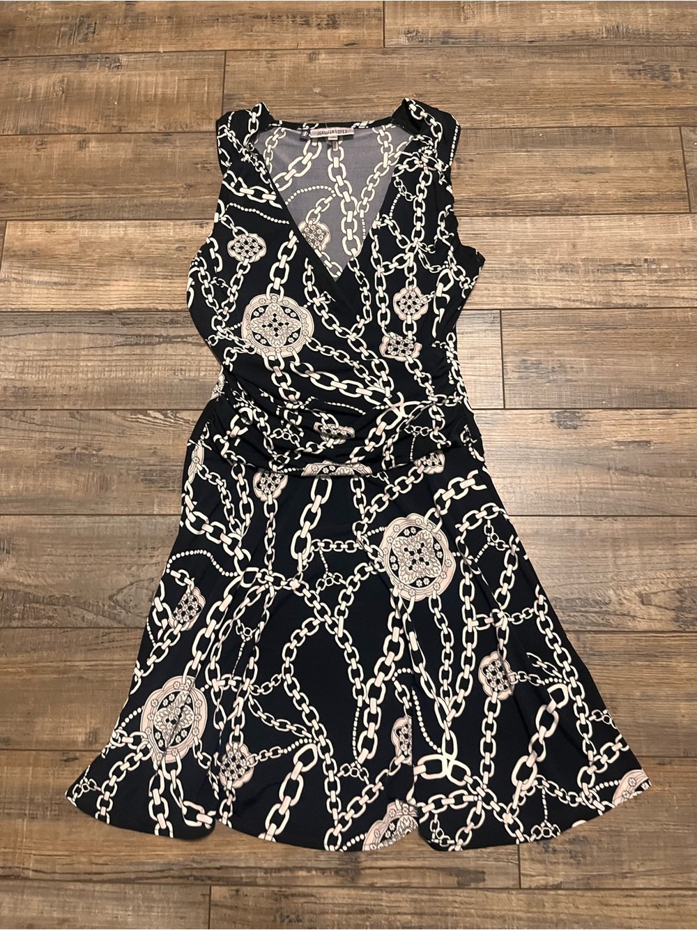 Jennifer Lopez Black Chain-Print Sleeveless Wrap Midi Dress